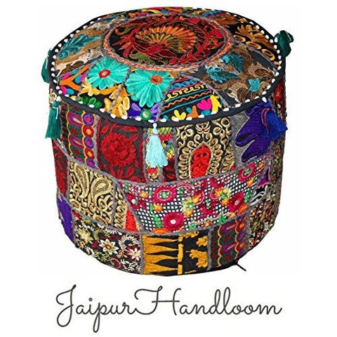 JaipurHandloom Black Indian Pouf Stool Vintage Patchwork Embellished With Patchwork Living Room Ottoman Cover, 46 X 33 Cm or 18X13 inches-Jaipur Handloom