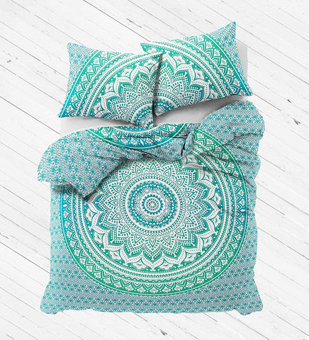 JaipurHandloom Green Mandala Bed Cover and Matching Pillows Queen Size-Jaipur Handloom