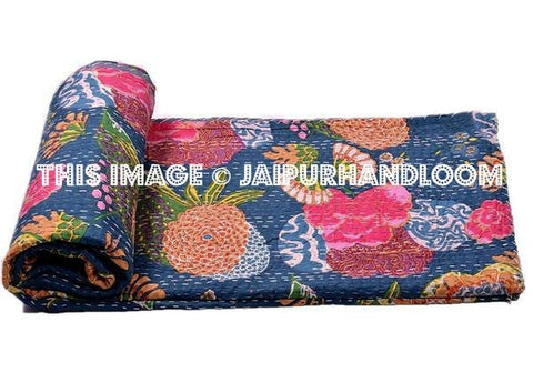 Kantha Quilt In blue, Kantha Blanket, Kantha Throw, Kantha Bedspread, Floral kantha quilt, Kantha Blanket, Indian Sari Quilt Throw Bed cover-Jaipur Handloom