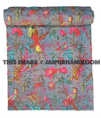 Kantha Quilt Indian Quilt Queen New Handmade Bird Print Bedspread Queen Bedding-Jaipur Handloom