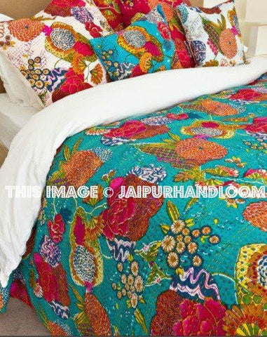 Kantha Quilts Handmade Reversible Floral Bedspread Queen Bedding Turquoise Blue Bed Cover-Jaipur Handloom