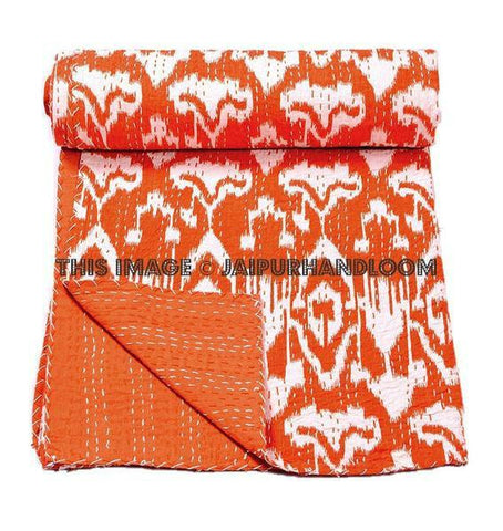 ON SALE Indian Sari Ikat kantha Quilt in Orange, Cotton twin Ikat quilt blanket throw quilted bedspread bed cover, handmade ikat quilt-Jaipur Handloom