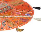Orange 22" Decorative Round Floor Pillow in Blue Cushion round embroidered Bohemian floor cushion pouf Vintage Indian Foot Stool Bean Bag-Jaipur Handloom