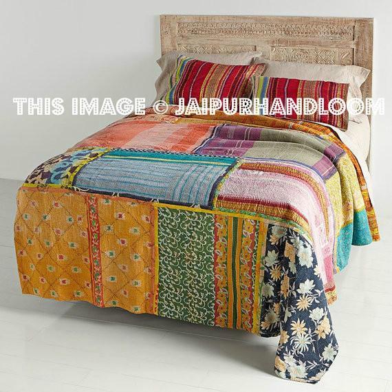 Patchwork Kantha Quilt, Bohemian Indian kantha Bedding Bedcover