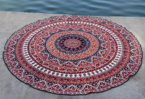 Indian Peacock Round Mandala Tapestry Hippie Bohemian Beach Throw Towel Yoga Mat-Jaipur Handloom