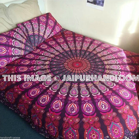 Pink Purple Classic Peafowl Mandala Duvet Cover with Set of 2 Pillow Covers-Jaipur Handloom