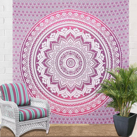 Pink ombre tapestry indian bohemian mandala tapestry wall hanging-Jaipur Handloom
