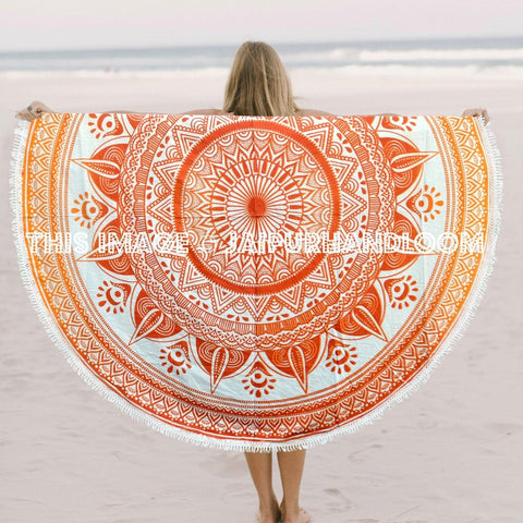Psychedelic Orange Ombre Mandala Round Beach Throw, Beach Round Towel-Jaipur Handloom