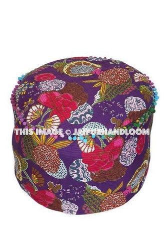 Purple Kantha Pouf Ottoman-Jaipur Handloom