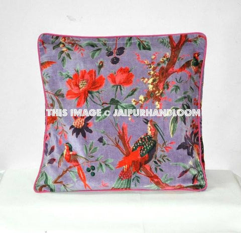 Purple Velvet Decorative Throw pillow, Patchwork Pillow, Outdoor floor cushion, couch Pillow, Floor Pillow, Accent Pillow, bird print pillow-Jaipur Handloom