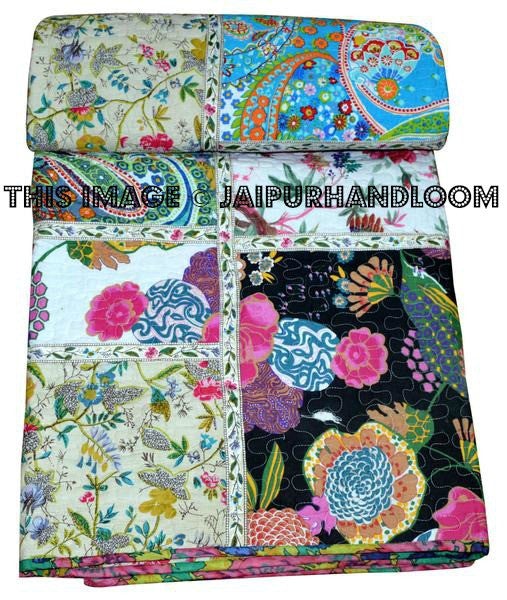 Queen Floral Kantha Throw blanket patchwork quilt Indian
