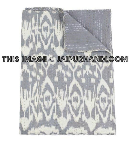 Queen Ikat Bedspread in gray Kantha Quilt, Ikat bedspread-Jaipur Handloom