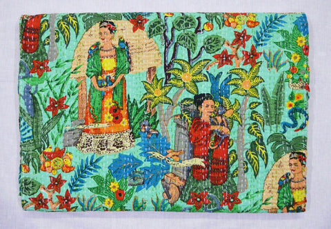 Queen Size Frida Kahlo Kantha Bed Cover Bedding