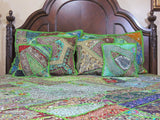 Queen size Green Indian Patchwork Bedding Set with Matching Pillows Shams-Jaipur Handloom