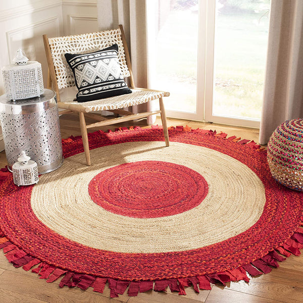 Red Cotton Rag Rugs Round Rug with Tassels for Living Room Circle Rugs