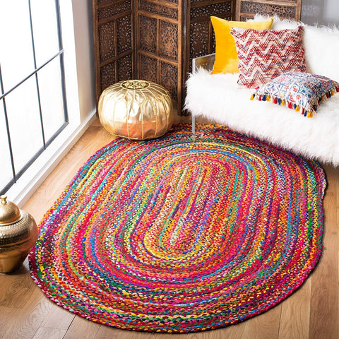Handmade Indian Chindi Rag Rug – 100% Recycled Cotton – Red Striped Woven Floor Mat – 5x7 Feet (60"x84")