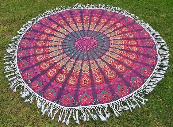 Round Mandala Tassle Fringe Purple Beach Throw Roundie Yoga Mat-Jaipur Handloom