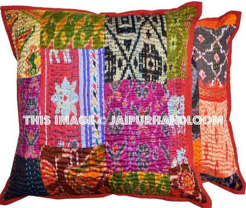 Set Of 2 Silk kantha Pillow Cover Bohemian Dining Chair Pillows Cushions-Jaipur Handloom