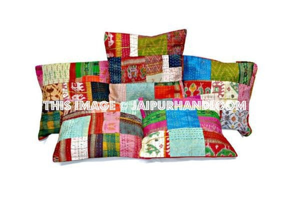 Set Of patchwork kantha Pillow pc indian silk sari Kantha cushions