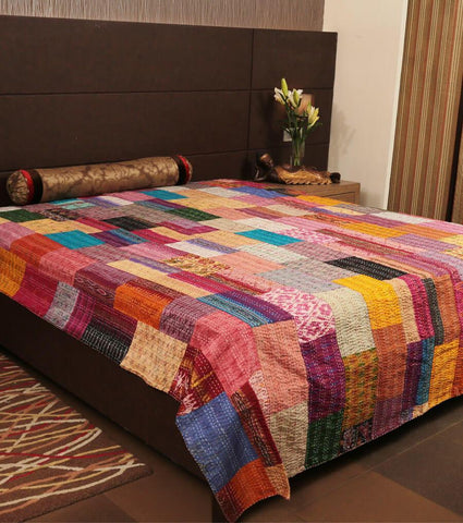 Silk sari kantha throw bohemian kantha bedding patchwork kantha blanket-Jaipur Handloom