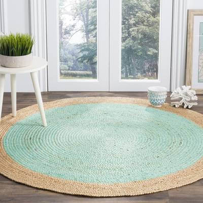 Turquoise Green and Golden Jute Round Area Rug for Living Room Floor