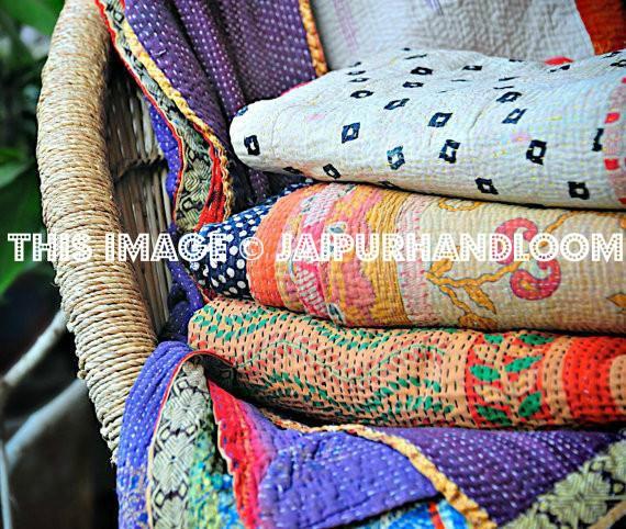 Vintage Kantha Throw India Sari Kantha Quilt set of 3 throws