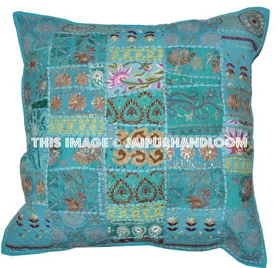 Rastogi Handicrafts Handmade Patchwork Pillow, Sari Patch Throw Pillow, Indian Ethnic Pillow Covers, Embroidered Sari Patchwork Cushion Cover (Blue Rastogi Handicrafts Handmade Patchwork Pillow, Sari Patch Throw Pillow, Indian Ethnic Pillow Covers, Embroidered Sari Patchwork Cushion Cover (Blue