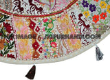 White 22" Decorative Round Floor Pillow Cushion round embroidered Bohemian Patchwork floor cushion pouf Vintage Indian Foot Stool Bean Bag-Jaipur Handloom