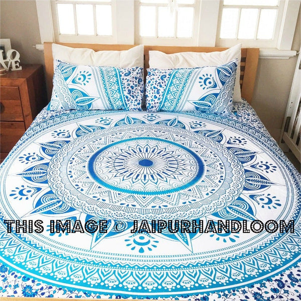 White & Blue King Ombre Medallion Mandala Duvet Cover with Set of 2 Pillow Covers-Jaipur Handloom