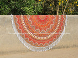 White & Orange Elephant Medallion Circle Roundie Beach Towel Throw-Jaipur Handloom