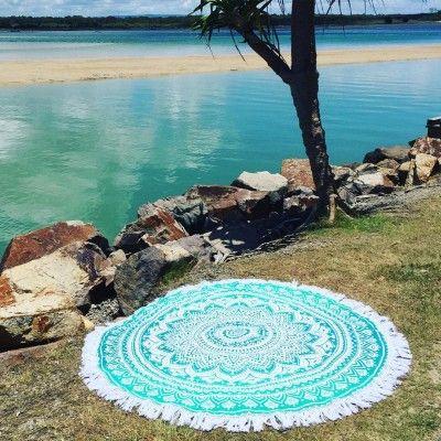 White & Sea Green Ombre Medallion Mandala Roundie Beach Throw Towel-Jaipur Handloom