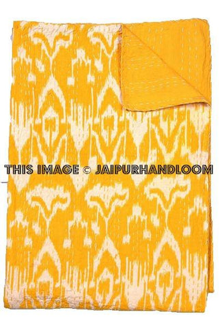 Yellow Ikat kantha Quilt Queen ikat bedspread bed cover-Jaipur Handloom