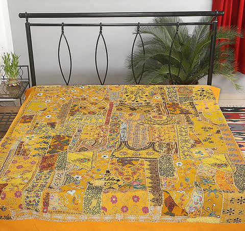 Yellow hand stitched queen bed cover bohemian embroidered bedspread tapestry-Jaipur Handloom