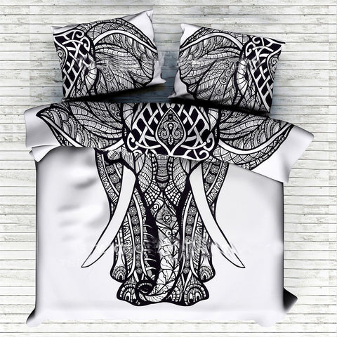 Black and white indian elephant queen bedding set with duvet cover & pillows-Jaipur Handloom