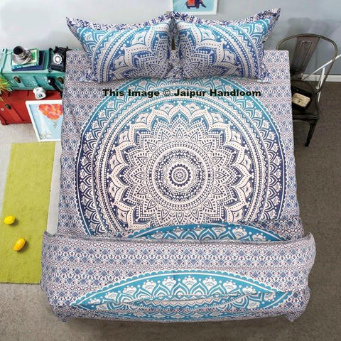 blue mandala bedding set with cotton duvet cover, bed cover and pillows-Jaipur Handloom