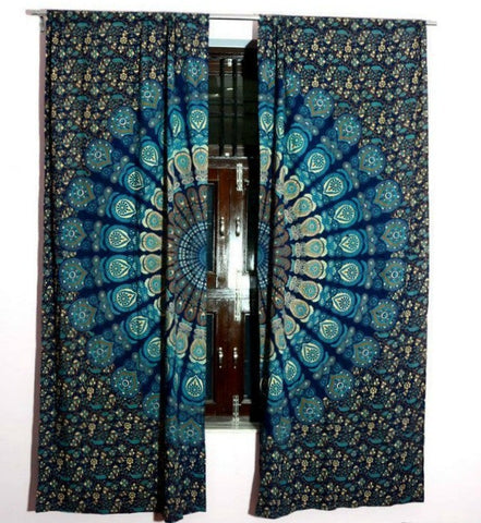 blue peacock mandala drapes indian cotton curtains window hanging-Jaipur Handloom