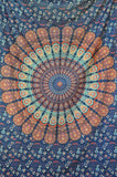 blue psychedelic dorm tapestry indian cotton mandala twin bedspread-Jaipur Handloom