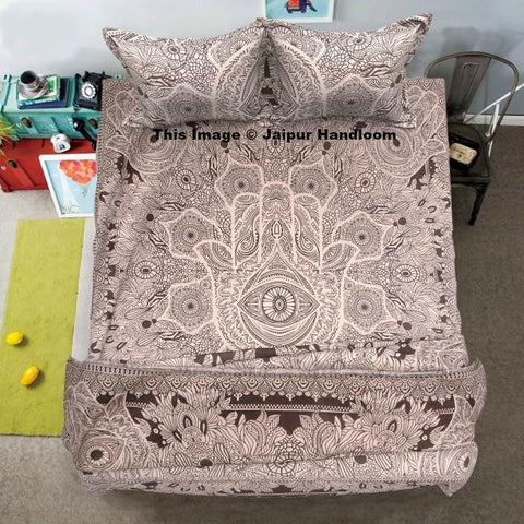 Gray Hamsa Hand Mandala Duvet Cover Set with Bed cover and pillows-Jaipur Handloom
