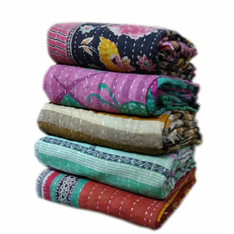 kantha quilt wholesale - 3pc set of vintage kantha quilt throw-Jaipur Handloom