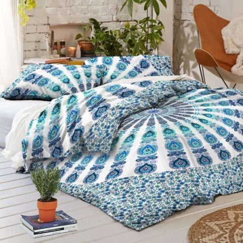 Peacock Mandala Quilt Cover with matching pillow cases Indian Duvet Cover-Jaipur Handloom
