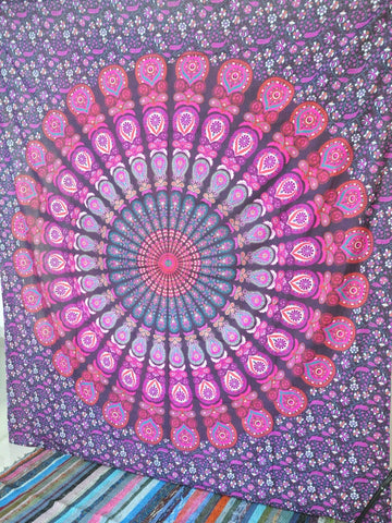 pink and purple mandala bed cover in queen size psychedelic dorm tapestry-Jaipur Handloom