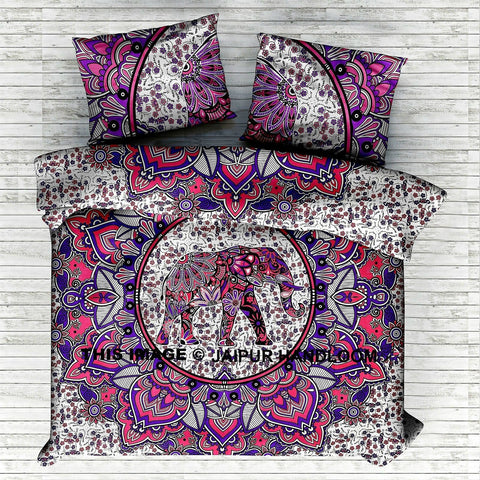 pink elephant mandala bedding set with matching pillow cases-Jaipur Handloom