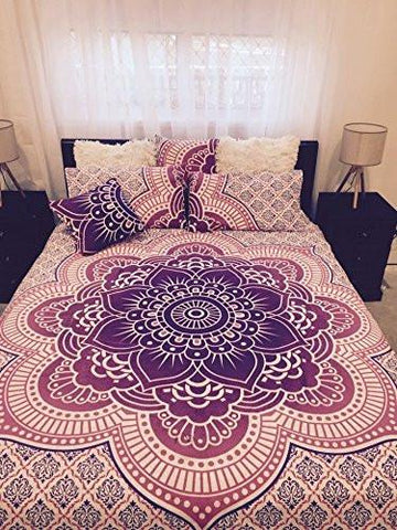 pink lotus mandala duvet cover with matching pillow cases queen size quilt cover-Jaipur Handloom