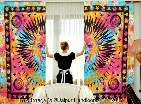 Tie Dye Sun and moon bohemian door curtains windows 2 panel drapes-Jaipur Handloom