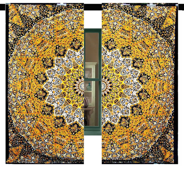 Yellow Star Mandala Window Drapes Indian Tapestry Cotton Curtain Set Drapes-Jaipur Handloom