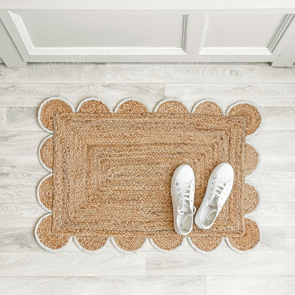 12X15 Scalloped Rug Jute Scalloped Carpet Braided Runner for Entryway Jute Doormat