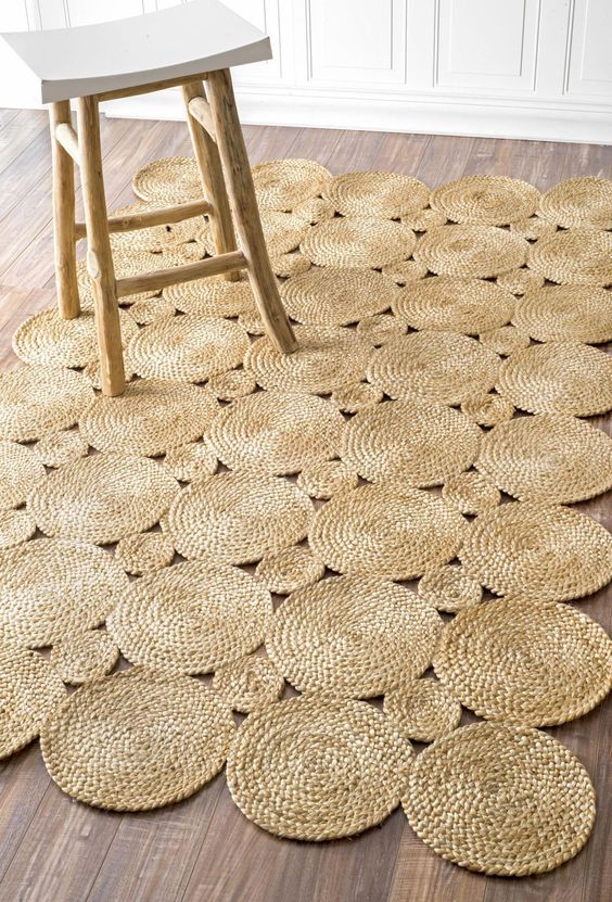 Antique Jute Rug, Natural Fiber Rug, Scalloped Pattern Rug, Handwoven Rug