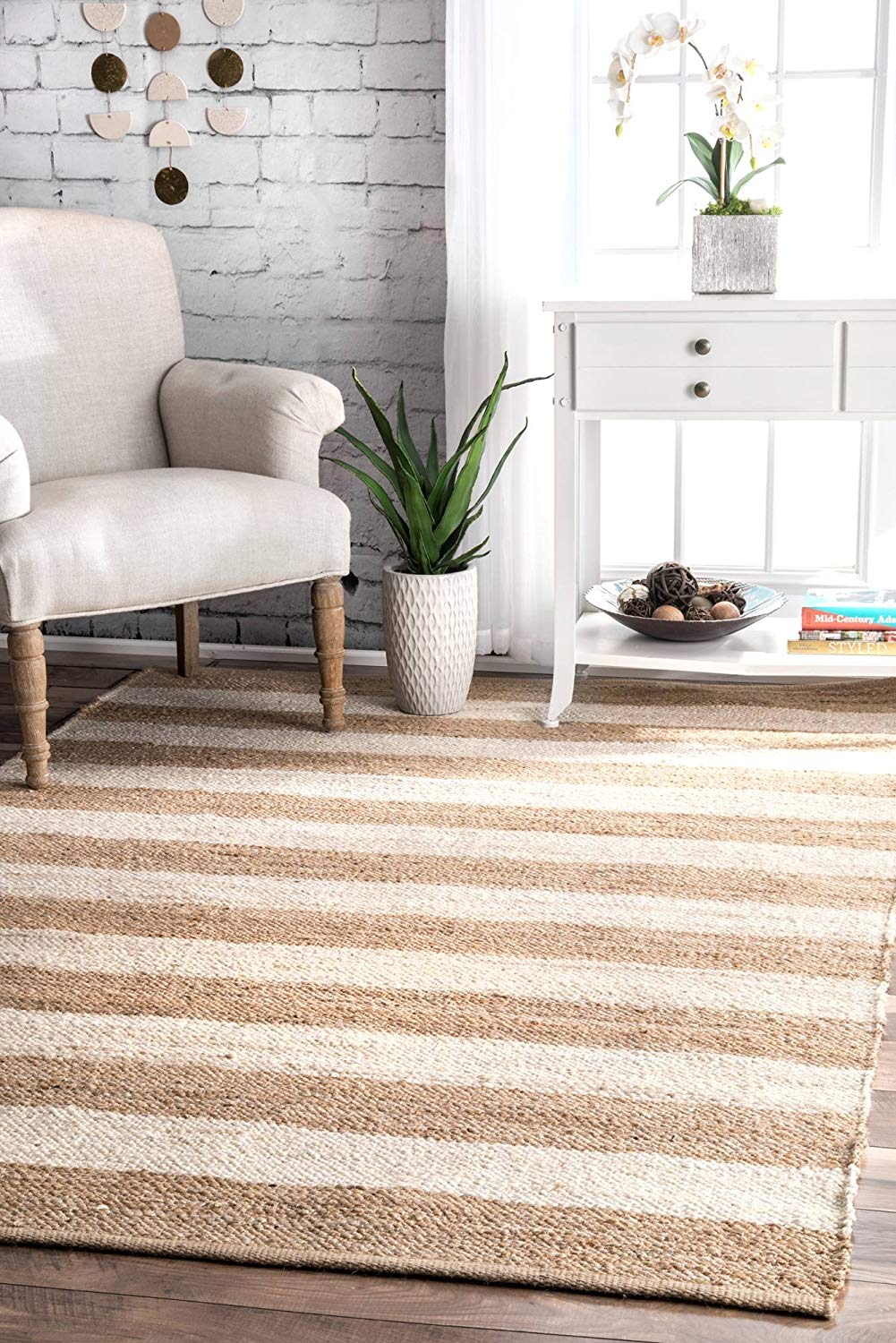 White Area Rug, Striped Pattern Rug, Natural Fiber Rug, Jute Area Rug Carpet