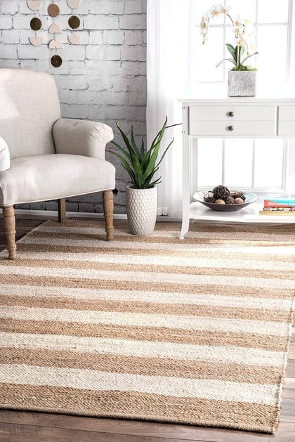 White Area Rug, Striped Pattern Rug, Natural Fiber Rug, Jute Area Rug Carpet