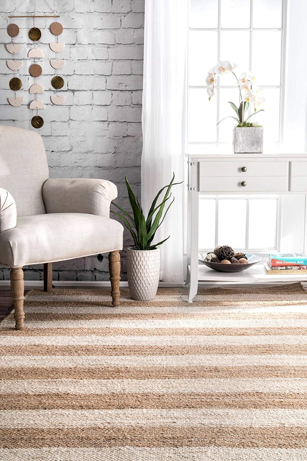 White Area Rug, Striped Pattern Rug, Natural Fiber Rug, Jute Area Rug Carpet
